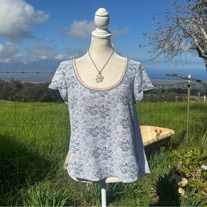 Anthropologie Akemi + Kin Womens Blue Ivory Floral Top Knit Embroidered M